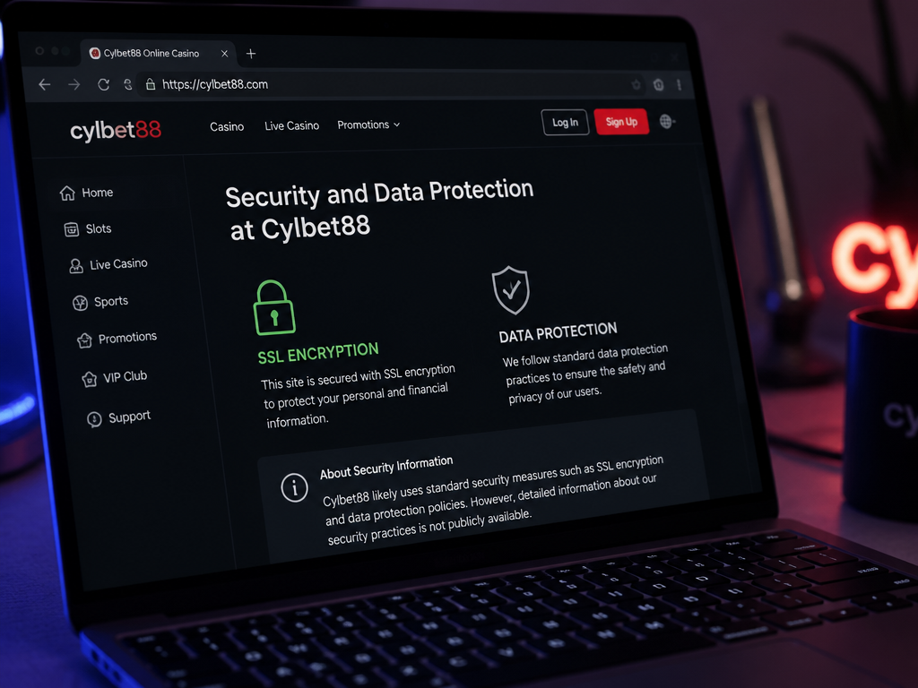 Photo-realistic image illustrating the topic of the article section "Security and Data Protection at Cylbet88" (about the online casino brand "cylbet88"): Cover encryption (SSL), data protection policies. Address gap: no security info. Mention that the site likely uses standard security but lacks public details.