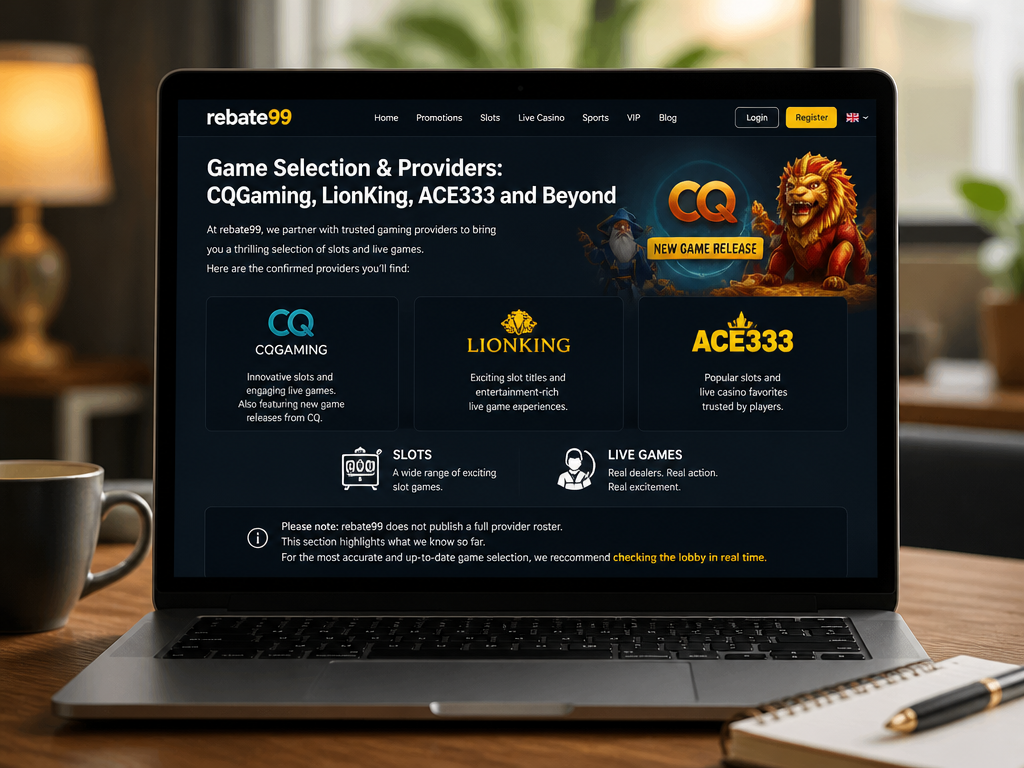 Photo-realistic image illustrating the topic of the article section "Game Selection & Providers: CQGaming, LionKing, ACE333 and Beyond" (about the online casino brand "rebate99"): List the three confirmed game providers: CQGaming, LionKing, ACE333. Mention the new game release CQ and the category of slots and live games. Note that rebate99 does not publish a full provider roster, so this section highlights what is known and advises players to check the lobby. This covers the gap about limited provider info.