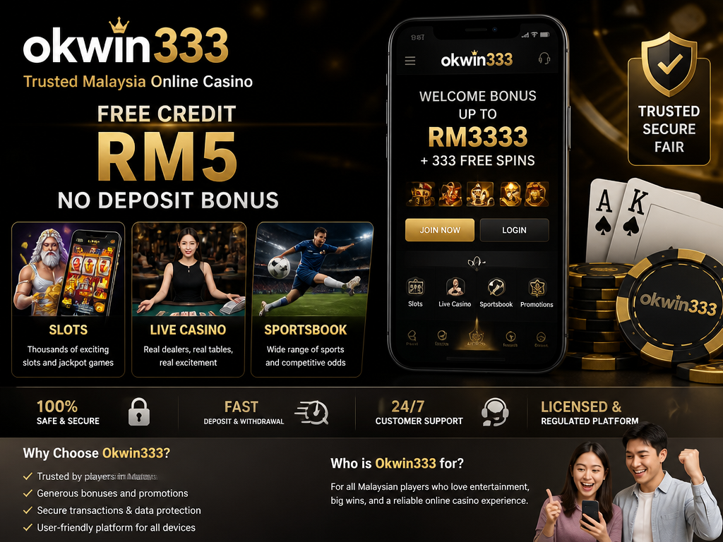 Photo-realistic image illustrating the topic of the article section "Okwin333 Overview – Free Credit RM5 No Deposit Bonus" (about the online casino brand "okwin333"): Introduce Okwin333 as a trusted Malaysia online casino. Highlight the free credit RM5 no deposit offer. Summarize key aspects: slots, live casino, sportsbook. Cover overall reputation and target audience.