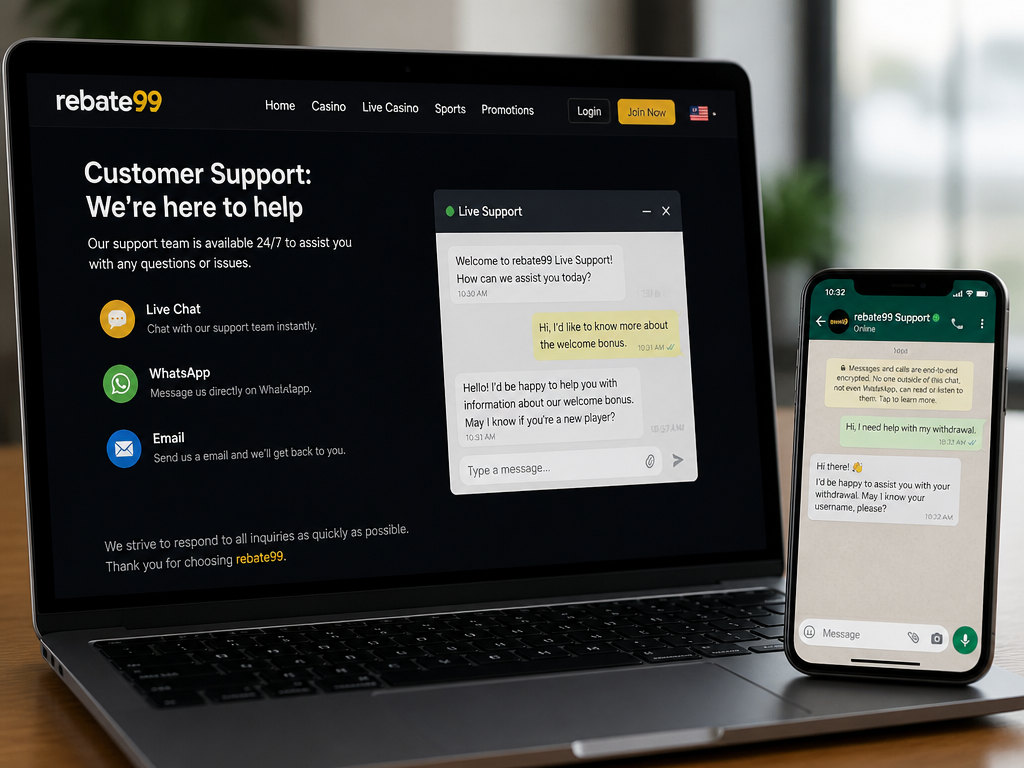 Photo-realistic image illustrating the topic of the article section "Customer Support: Channels, Hours and Responsiveness" (about the online casino brand "rebate99"): List the customer support channels available on rebate99 (likely live chat, WhatsApp, or email). Note the gap in the competitor info; state typical hours (24/7 for most Malaysian casinos) and urge users to test responsiveness. This covers the customer support gap.