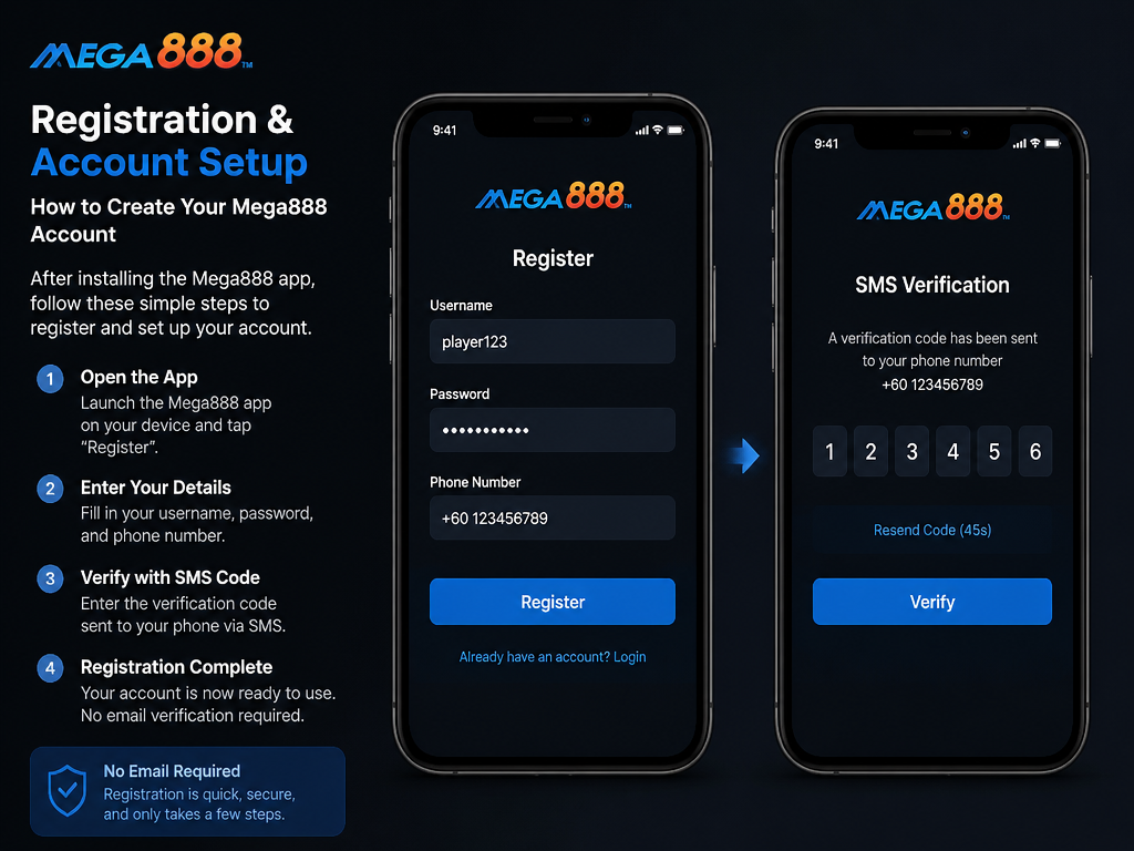 Photo-realistic image illustrating the topic of the article section "Registration & Account Setup – How to Create Your Mega888 Account" (about the online casino brand "apk mega888"): Explain post-installation registration: enter username, password, and phone number. Confirm via SMS code. No email required. Cover gap: no registration process or account setup instructions.
