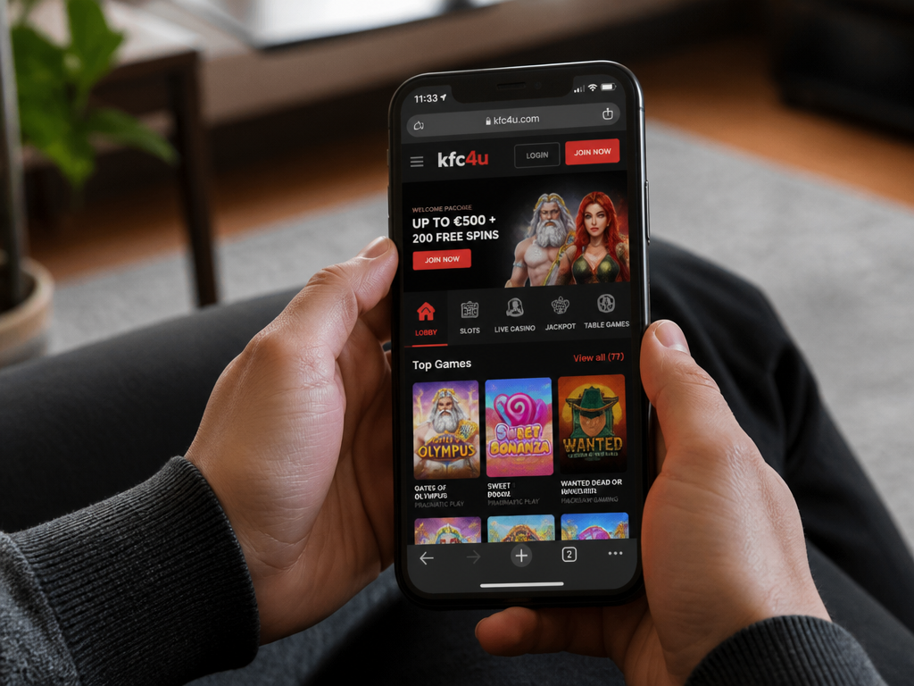 Photo-realistic image illustrating the topic of the article section "Mobile Experience at kfc4u: App or Browser-Based?" (about the online casino brand "kfc4u"): Check if kfc4u offers a mobile app or is browser-compatible. Cover gap: no mobile info.