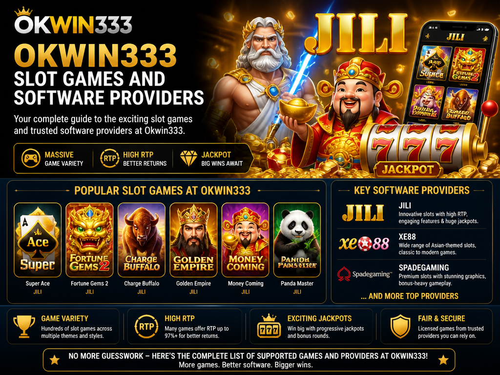 Image illustrating the online casino game or provider "Jili", for an article section titled "Okwin333 Slot Games and Software Providers": List popular slot games available at Okwin333. Name key software providers (e.g., Jili, Xe88, Spadegaming). Highlight game variety, RTP, and jackpots. Address gap: missing list of supported games and providers.
