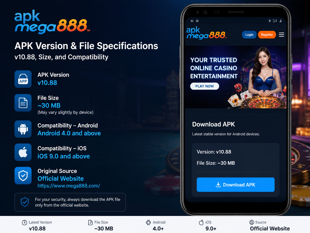 Photo-realistic image illustrating the topic of the article section "APK Version & File Specifications – v10.88, Size, and Compatibility" (about the online casino brand "apk mega888"): State the exact APK version (v10.88) and file size (~30 MB). Explain compatibility with Android 4.0+ and iOS 9.0+. Mention original source from official website. Cover gap: no specific APK version number or file size.