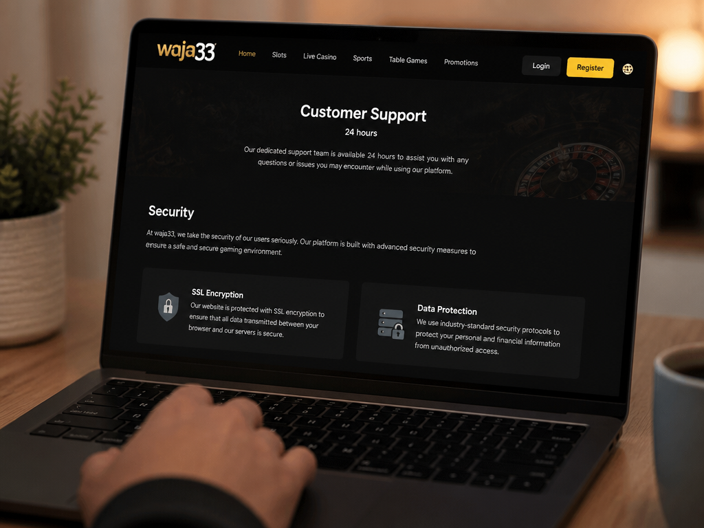 Photo-realistic image illustrating the topic of the article section "Customer Support and Security: How to Get Help and Stay Safe" (about the online casino brand "waja33"): Identify that customer support channels are unspecified (no live chat, email, phone). Only '24 hours' mentioned. Discuss security measures (SSL, data protection). Cover the gap: support channels and security.