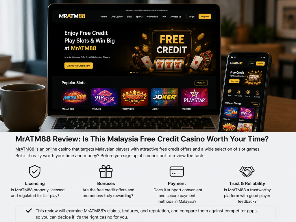 Photo-realistic image illustrating the topic of the article section "MrATM88 Review: Is This Malaysia Free Credit Casino Worth Your Time?" (about the online casino brand "mratm88"): Introduce MrATM88 as an online casino targeting Malaysian players with free credit offers and slot games. Mention the need for a thorough review covering licensing, bonuses, payment, and trust. Summarise that the review will examine its claims against competitor gaps.