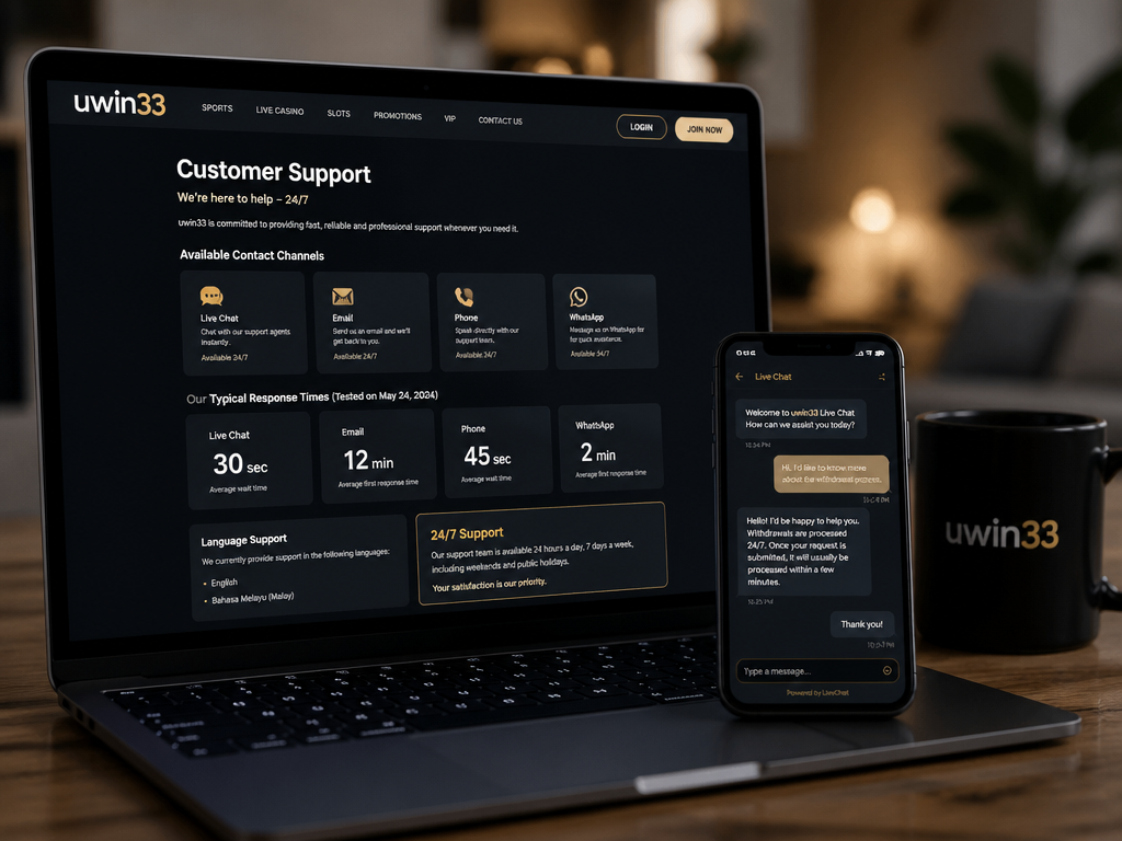 Photo-realistic image illustrating the topic of the article section "Customer Support: Contact Channels and Response Time" (about the online casino brand "uwin33"): List available support channels: live chat, email, phone, WhatsApp. Test or report typical response times. Note 24/7 availability. Cover gap: competitor lacks any customer support details. Also mention any language options (English, Malay).