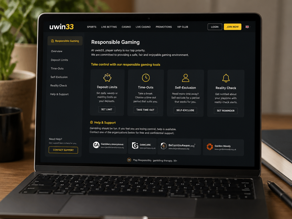Photo-realistic image illustrating the topic of the article section "Responsible Gambling Tools and Self-Exclusion Options" (about the online casino brand "uwin33"): Check if uwin33 offers deposit limits, time-outs, self-exclusion, and links to help organizations (e.g., Gamblers Anonymous). Cover gap: no responsible gambling mentions in competitors. Emphasize player safety.