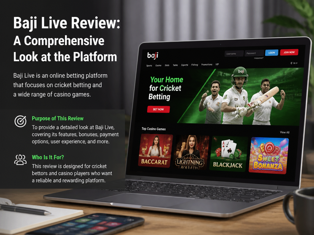 Photo-realistic image illustrating the topic of the article section "Baji Live Review: A Comprehensive Look at the Platform" (about the online casino brand "baji live"): Introduce Baji Live as an online betting platform focusing on cricket and casino. State the purpose of the review: to cover features, bonuses, payments, and more. Mention target audience (cricket bettors, casino players).