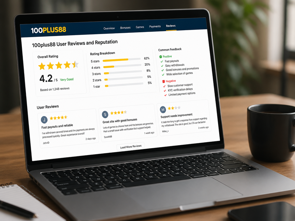 Photo-realistic image illustrating the topic of the article section "User Reviews and Reputation of 100plus88" (about the online casino brand "100plus88"): Summarize aggregated user reviews, ratings, and common feedback (praise for fast payouts, concerns about support). Cover gap: user reviews/ratings/testimonials.