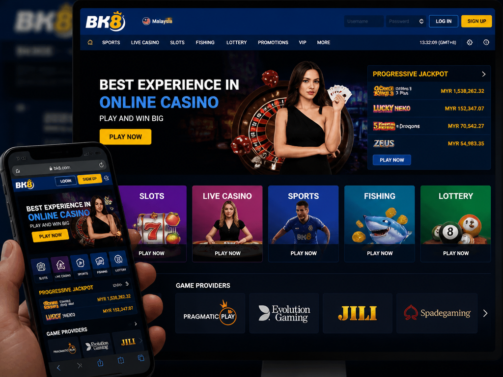 Photo-realistic image illustrating the topic of the article section "Game Selection and Providers: Slots, Live Casino, and More" (about the online casino brand "bk8 malaysia"): Overview of game categories: slots, live casino, sports betting, fishing, lottery. Name key providers like Pragmatic Play, Evolution Gaming, Jili, and Spadegaming. Address the gap: no list of game providers.