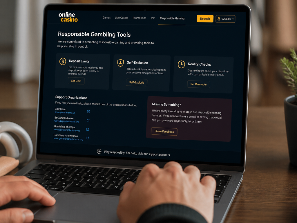 Photo-realistic image illustrating the topic of the article section "Responsible Gambling Tools" (about the online casino brand "online casino"): List responsible gambling tools (deposit limits, self-exclusion, reality checks); mention support organizations; cover the gap of missing responsible gambling options.