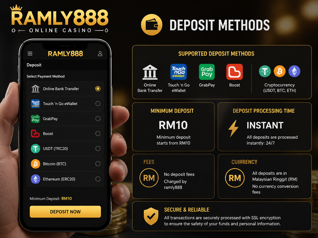 Photo-realistic image illustrating the topic of the article section "Deposit Methods" (about the online casino brand "ramly888"): List supported deposit methods (bank transfer, e-wallets like Touch ‘n Go, crypto). Mention minimum deposit amounts (e.g., RM10) and that deposits are processed instantly. Note any fees or currency options.