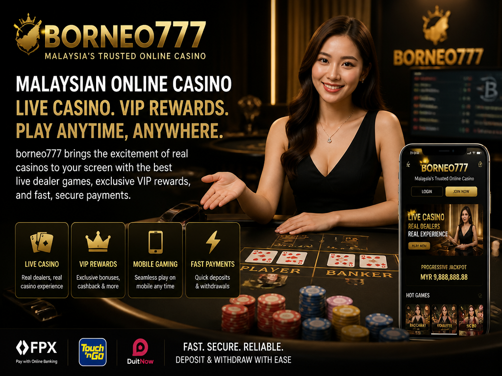Photo-realistic image illustrating the topic of the article section "Borneo777 Overview – A Malaysian Live Casino with VIP Rewards" (about the online casino brand "borneo777"): Introduce borneo777 as a Malaysian online casino; highlight its focus on live casino and mobile gaming; mention key features like VIP rewards and fast payments.