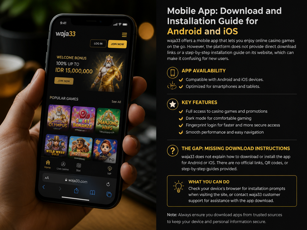 Photo-realistic image illustrating the topic of the article section "Mobile App: Download and Installation Guide for Android and iOS" (about the online casino brand "waja33"): Explain that waja33 offers an app but no direct download links or step-by-step guide. Describe iOS/Android compatibility and basic features (dark mode, fingerprint login). Cover the gap: missing app download instructions.