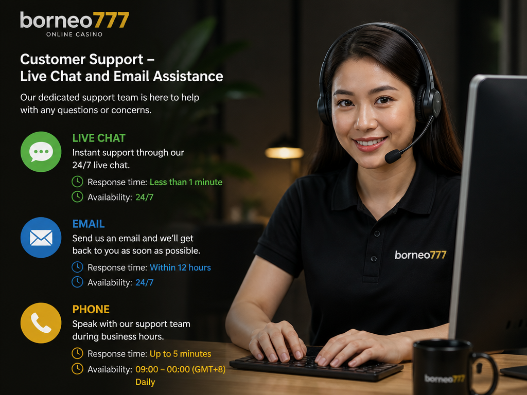 Photo-realistic image illustrating the topic of the article section "Borneo777 Customer Support – Live Chat and Email Assistance" (about the online casino brand "borneo777"): List customer support channels: live chat, email, phone; mention response times and availability (gap).