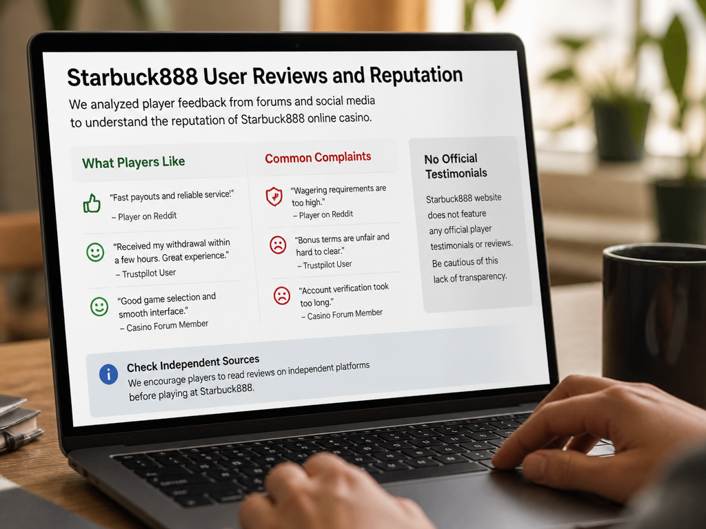 Photo-realistic image illustrating the topic of the article section "User Reviews and Reputation" (about the online casino brand "starbuck888"): Analyze player feedback from forums and social media. Note mixed reviews: some praise fast payouts, others complain about wagering requirements. Highlight the absence of official testimonials on the site. Encourage readers to check independent sources.