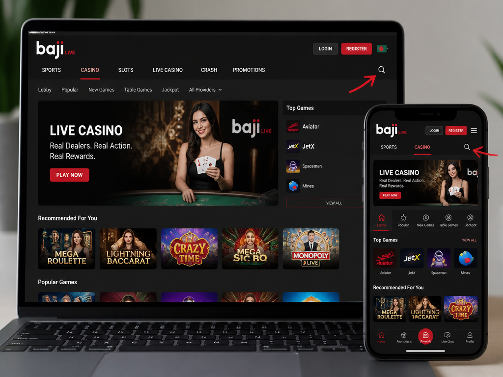 Photo-realistic image illustrating the topic of the article section "User Interface and Navigation: How to Get Around" (about the online casino brand "baji live"): Describe the layout: main menu, sportsbook vs casino tabs, search function. Highlight ease of use on desktop and mobile. This fills the gap on UI/navigation.