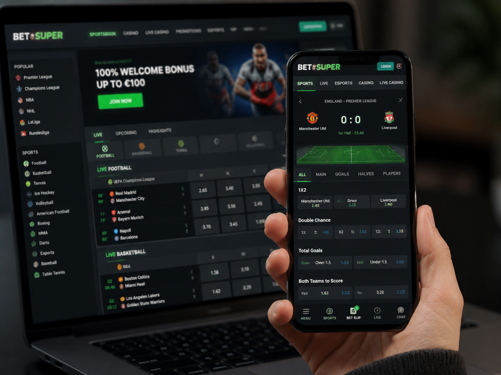 Photo-realistic image illustrating the topic of the article section "Sportsbook Betting Markets and Odds at BetSuper" (about the online casino brand "betsuper"): Overview of sports covered (football, basketball, etc.). Odds competitiveness and live betting. Cover gap: no sportsbook betting markets or odds.