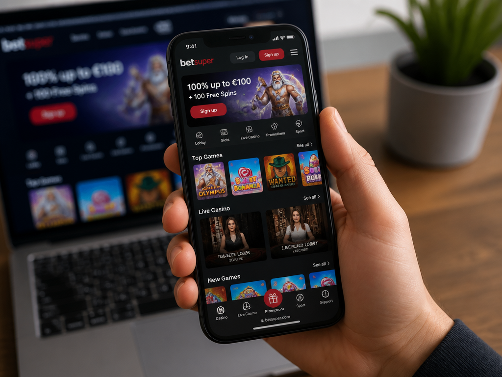 Photo-realistic image illustrating the topic of the article section "Mobile Gaming Experience at BetSuper" (about the online casino brand "betsuper"): Describe mobile compatibility (responsive site, app availability). User interface and performance. Cover gap: mobile experience (competitor had section).