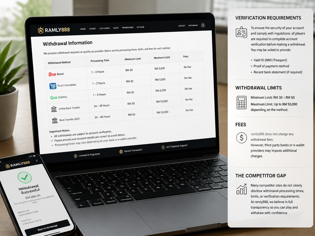 Photo-realistic image illustrating the topic of the article section "Withdrawal Times and Limits" (about the online casino brand "ramly888"): Detail withdrawal processing times for each method (e.g., e-wallets 1-2 hours, bank transfer 24-48 hours). Mention minimum and maximum withdrawal limits, any verification requirements, and whether fees apply. Address the gap in competitor coverage.