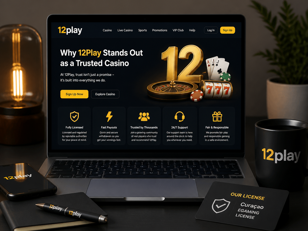 Photo-realistic image illustrating the topic of the article section "Why 12Play Stands Out as a Trusted Casino" (about the online casino brand "12play"): Highlights why 12Play is considered trusted (license, fast payouts, community, etc.). Synthesizes key points from previous sections.