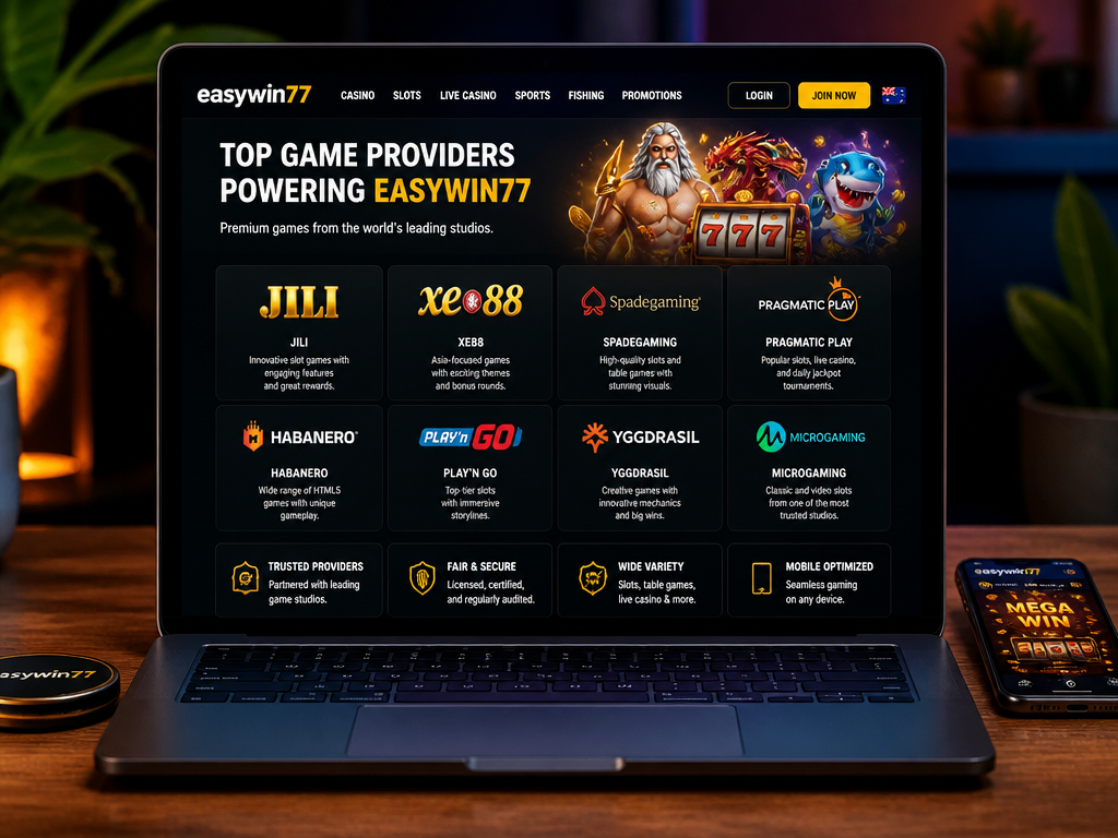 Photo-realistic image illustrating the topic of the article section "EasyWin77 Game Providers: Top Studios Behind the Casino" (about the online casino brand "easywin77"): Name the specific game providers powering EasyWin77 (e.g., Jili, Xe88, Spadegaming, etc.). Address the gap: game provider names not listed in competitor content. Explain the quality and variety from these studios.