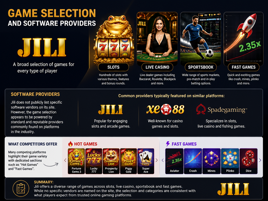 Image illustrating the online casino game or provider "Jili", for an article section titled "Game Selection and Software Providers": Describe the variety of games: slots, live casino, sportsbook, fast games. List common providers (Jili, Xe88, Spadegaming) as typical for such platforms. Note the gap that no specific vendors are named on the site, but the selection appears standard. Mention the 'Hot Games' and 'Fast Games' sections from competitor.