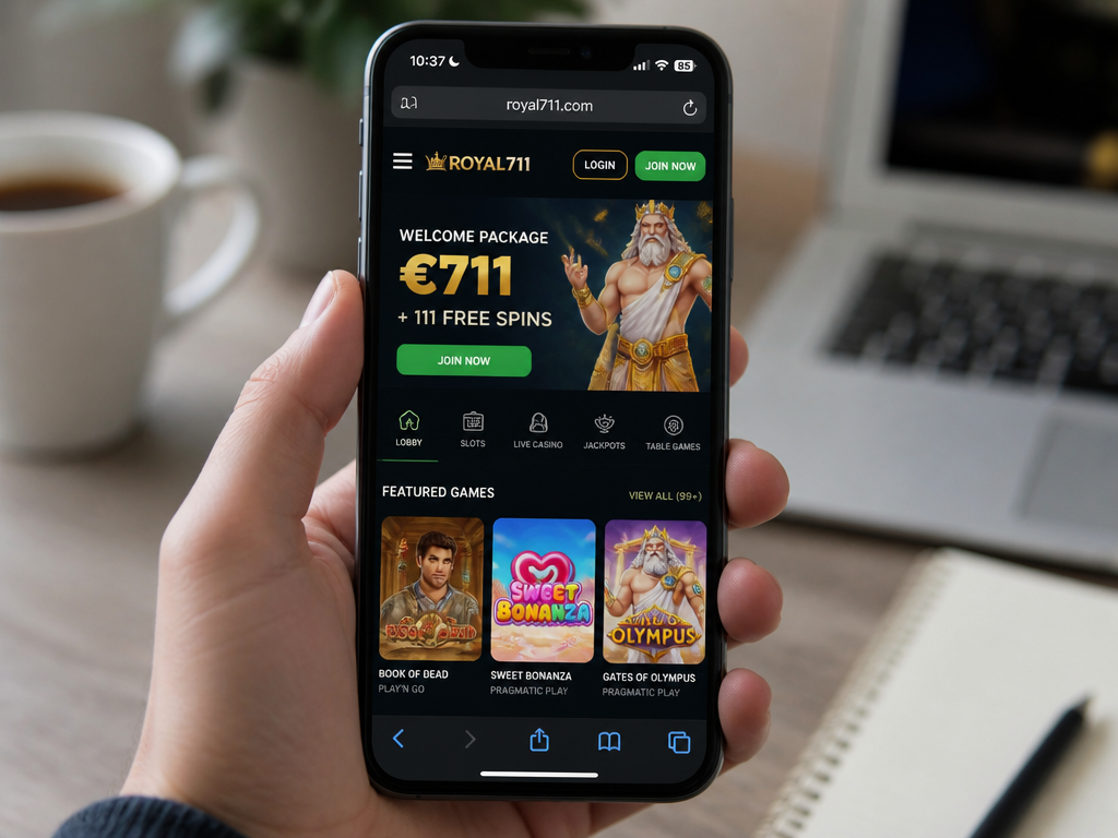 Photo-realistic image illustrating the topic of the article section "Mobile Experience at Royal711: App or Mobile Site?" (about the online casino brand "royal711"): Assess mobile compatibility: dedicated app or mobile site, OS requirements. Gap: no mobile specs.