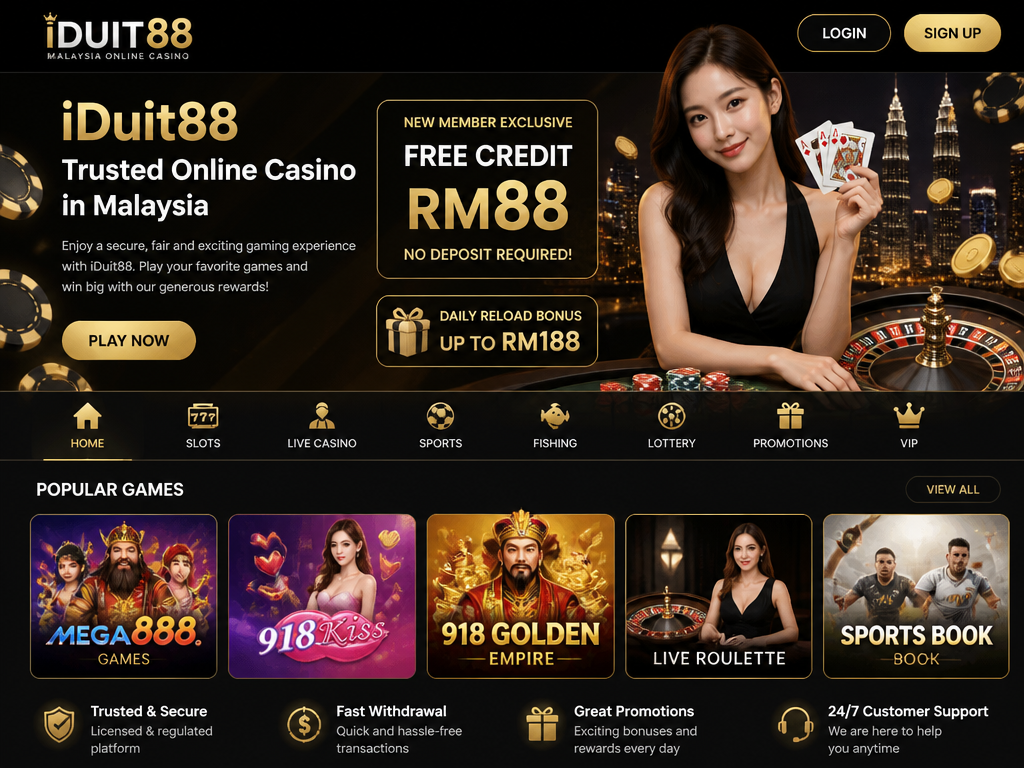 Photo-realistic image illustrating the topic of the article section "iDuit88 Overview: A Trusted Malaysian Online Casino" (about the online casino brand "iduit88"): Introduce iDuit88 as a popular online casino in Malaysia, highlighting its free credit offers, promotions, and game variety. Cover the gap of missing introductory context.
