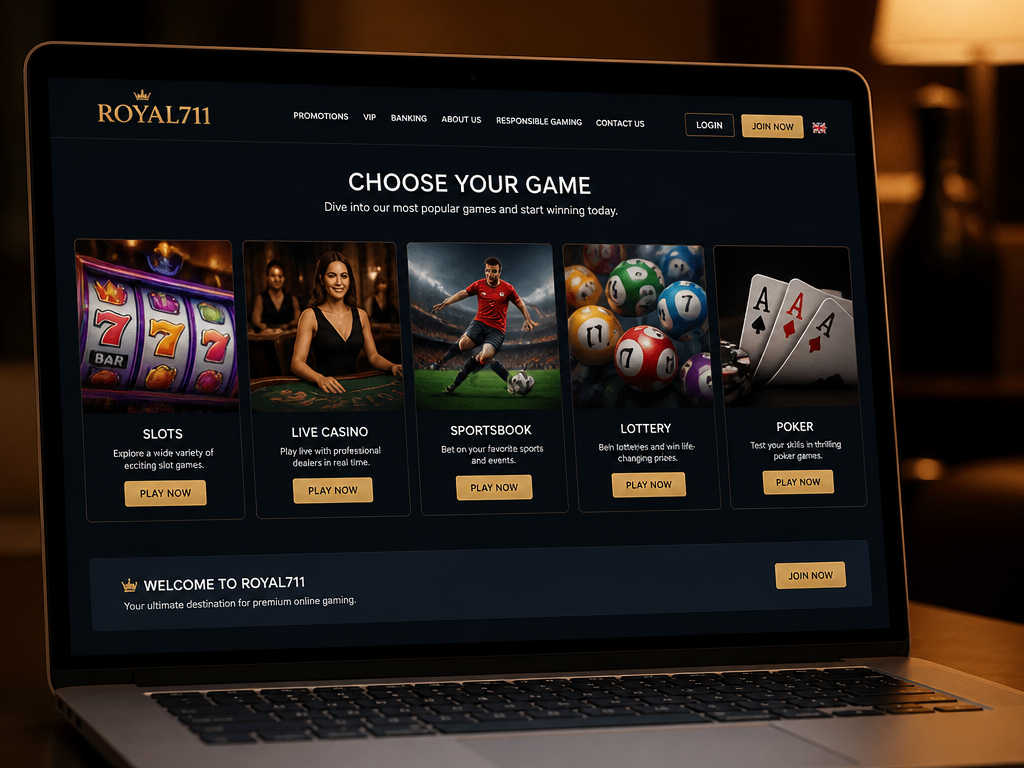 Photo-realistic image illustrating the topic of the article section "Game Selection and Providers at Royal711: Slots, Live Casino, and More" (about the online casino brand "royal711"): List available games: slots, live casino, sportsbook, lottery, poker. Note the absence of named game providers (Microgaming, Pragmatic Play, etc.). Gap: no game providers.