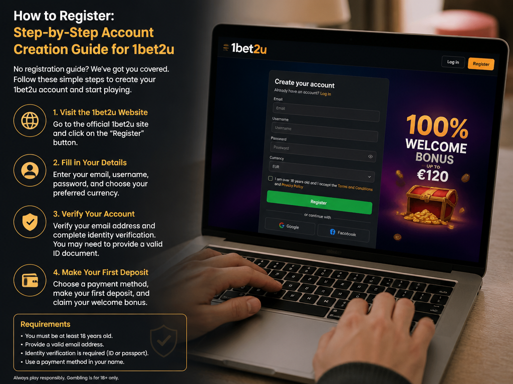 Photo-realistic image illustrating the topic of the article section "How to Register: Step-by-Step Account Creation Guide for 1bet2u" (about the online casino brand "1bet2u"): Outline the registration process: visit site, fill in details, verify account, first deposit. Mention requirements (age, ID). Address the gap of no registration guide.