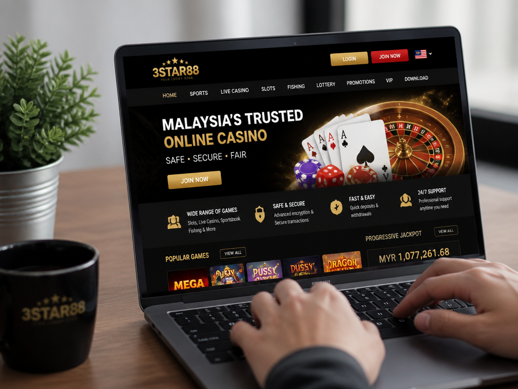 Photo-realistic image illustrating the topic of the article section "3star88 Review: A Trusted Online Casino in Malaysia" (about the online casino brand "3star88"): Brief overview of 3star88 as a Malaysian online casino, highlighting its reputation, game variety, and commitment to security. Sets the stage for detailed feature analysis.