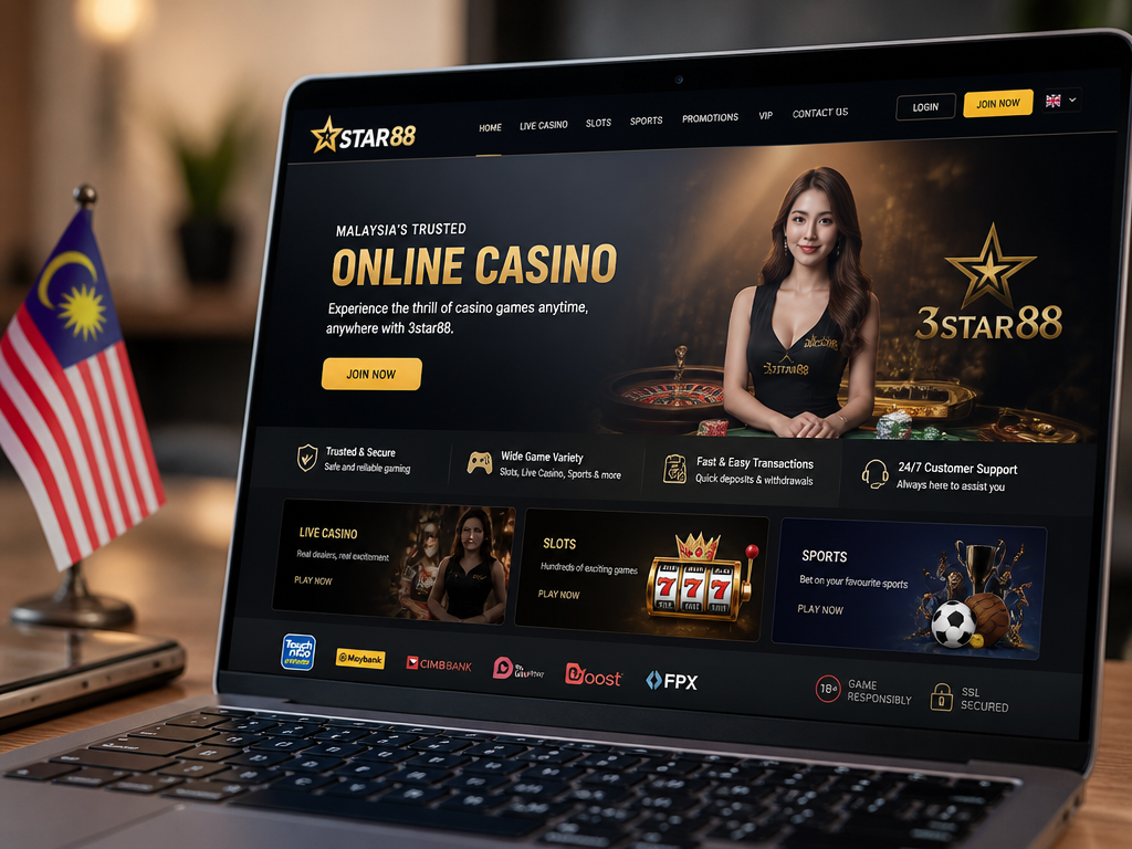 Photo-realistic image illustrating the topic of the article section "3star88 Review: A Trusted Online Casino in Malaysia" (about the online casino brand "3star88"): Brief overview of 3star88 as a Malaysian online casino, highlighting its reputation, game variety, and commitment to security. Sets the stage for detailed feature analysis.