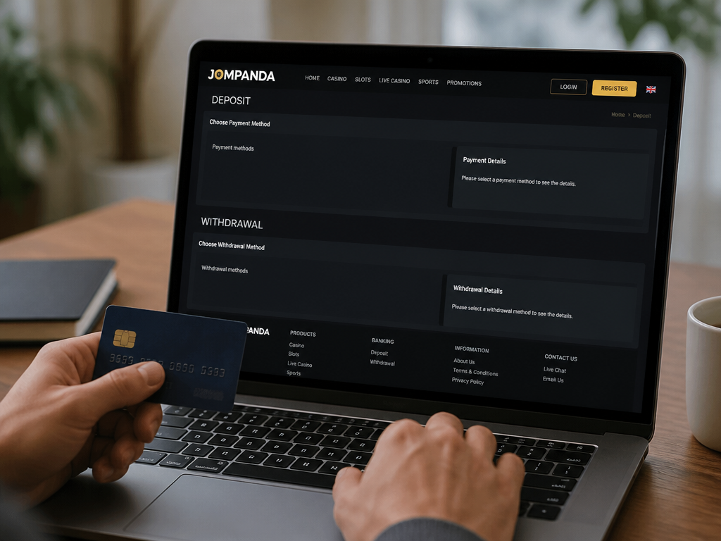 Photo-realistic image illustrating the topic of the article section "Deposit and Withdrawal Methods at JomPanda" (about the online casino brand "jompanda"): Note that competitor sites only show deposit/withdrawal buttons without listing actual methods (e.g., bank transfer, e-wallets). Discuss the importance of transparent payment info. Conclude that JomPanda fails to provide this.