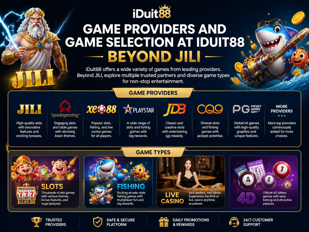Image illustrating the online casino game or provider "Jili", for an article section titled "Game Providers and Game Selection at iDuit88 Beyond JILI": List game providers (JILI, Spadegaming, Xe88, etc.) and game types (slots, fishing, live casino, 4D). Cover the gap of no details on game providers beyond JILI.