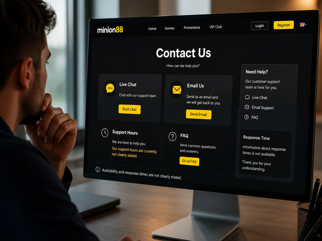 Photo-realistic image illustrating the topic of the article section "Customer Support: Limited Information on Hours and Channels" (about the online casino brand "minion88"): Discuss customer support channels (live chat, email) and hours. Point out that availability and response times are not clearly stated. Cover the gap of no customer support details.