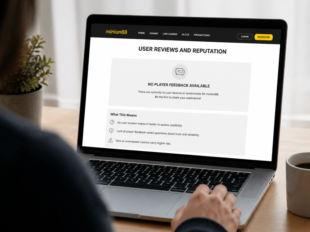Photo-realistic image illustrating the topic of the article section "User Reviews and Reputation: No Player Feedback Available" (about the online casino brand "minion88"): Address the lack of user reviews or testimonials. Discuss how this affects credibility. Cover the gap of zero user reviews or testimonials.