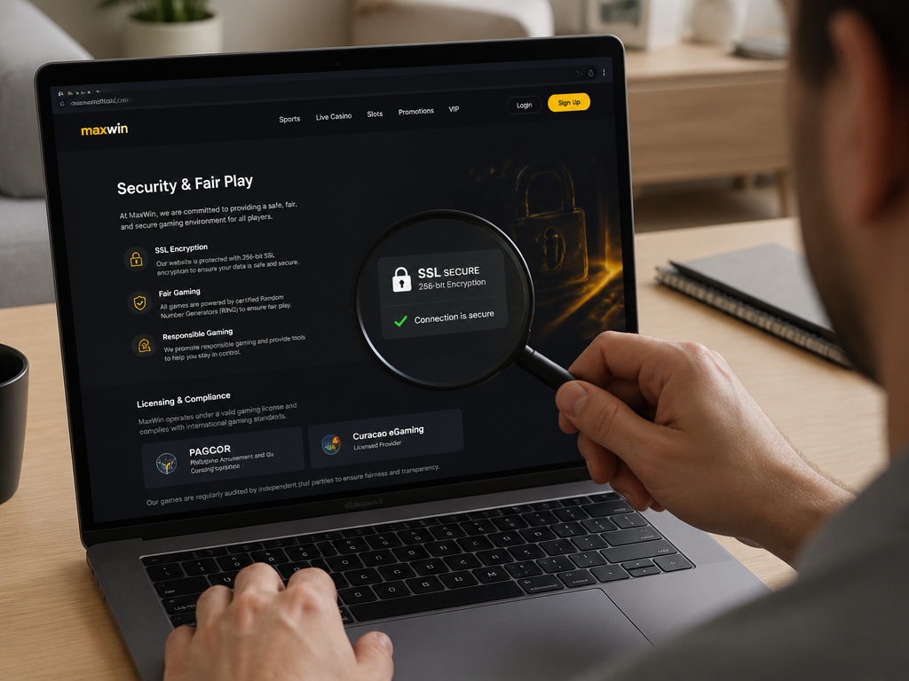 Photo-realistic image illustrating the topic of the article section "Security and Licensing: How MaxWin Protects Players" (about the online casino brand "maxwin"): 1. Address the gap: maxwinofficial.com lacks encryption, licensing, or audit details. 2. State typical security measures (SSL encryption, RNG certification). 3. Mention licensing (e.g., PAGCOR or Curacao) if available, or note that players should verify. 4. Compare with industry standards.