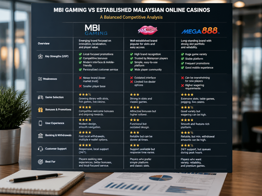 Photo-realistic image illustrating the topic of the article section "Comparison with Other Gaming Brands" (about the online casino brand "mbi gaming"): Compare MBI Gaming with established Malaysian online casinos (e.g., 918Kiss, Mega888). Highlight unique selling propositions and weaknesses. Cover the underserved angle by providing a balanced competitive analysis.