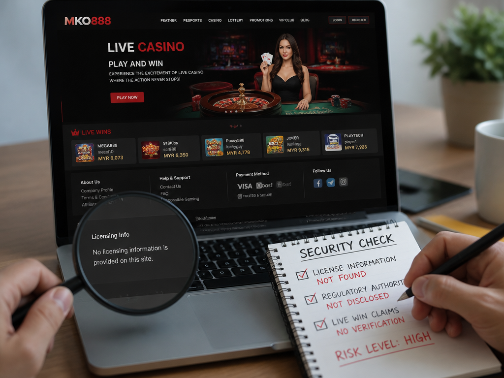 Photo-realistic image illustrating the topic of the article section "Security and Licensing at MKO888" (about the online casino brand "mko888"): Explain that MKO888 does not mention any regulatory authority or license. The live win claims lack proof of legitimacy, raising red flags about security and fairness. Cover the gap of missing licensing information and unsupported claims.