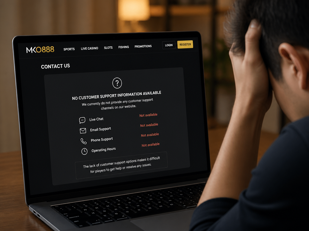 Photo-realistic image illustrating the topic of the article section "Customer Support at MKO888" (about the online casino brand "mko888"): State that no customer support channels (live chat, email, phone, operating hours) are provided. This makes it difficult for players to resolve issues. Cover the gap of missing customer support details.