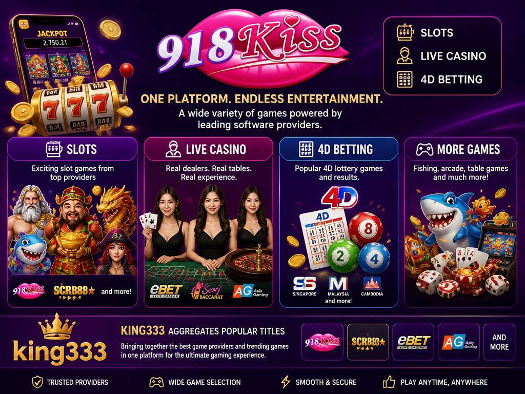 Image illustrating the online casino game or provider "918KISS", for an article section titled "Game Selection and Software Providers: Slots, Live Casino, and 4D Betting": Outline the variety of games available: slots from providers like 918KISS, SCR888, live casino, 4D lottery. Mention that king333 aggregates popular titles. Gap covered: no information on game providers or software.