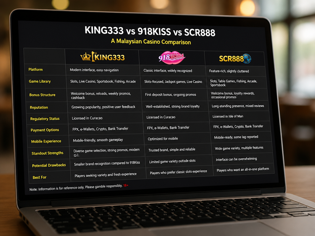 Photo-realistic image illustrating the topic of the article section "King333 vs 918KISS and SCR888: A Malaysian Casino Comparison" (about the online casino brand "king333"): Compare king333 with two dominant Malaysian platforms: 918KISS and SCR888. Look at game libraries, bonus structures, reputation, and regulatory status. Identify where king333 stands out or falls short. Gap covered: no comparison with other Malaysian casinos.