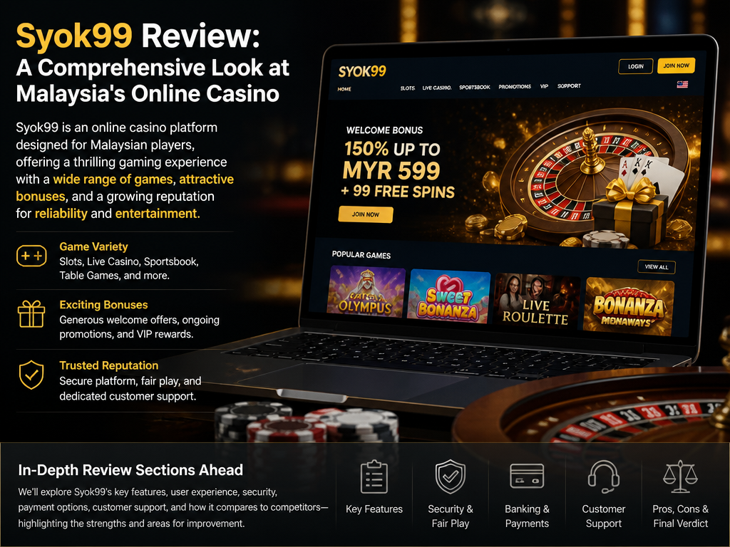 Photo-realistic image illustrating the topic of the article section "Syok99 Review: A Comprehensive Look at Malaysia's Online Casino" (about the online casino brand "syok99"): Introduce Syok99 as an online casino targeting Malaysian players. Briefly mention its game variety, bonuses, and reputation. Set the stage for detailed review sections covering features and gaps found in competitor sources.