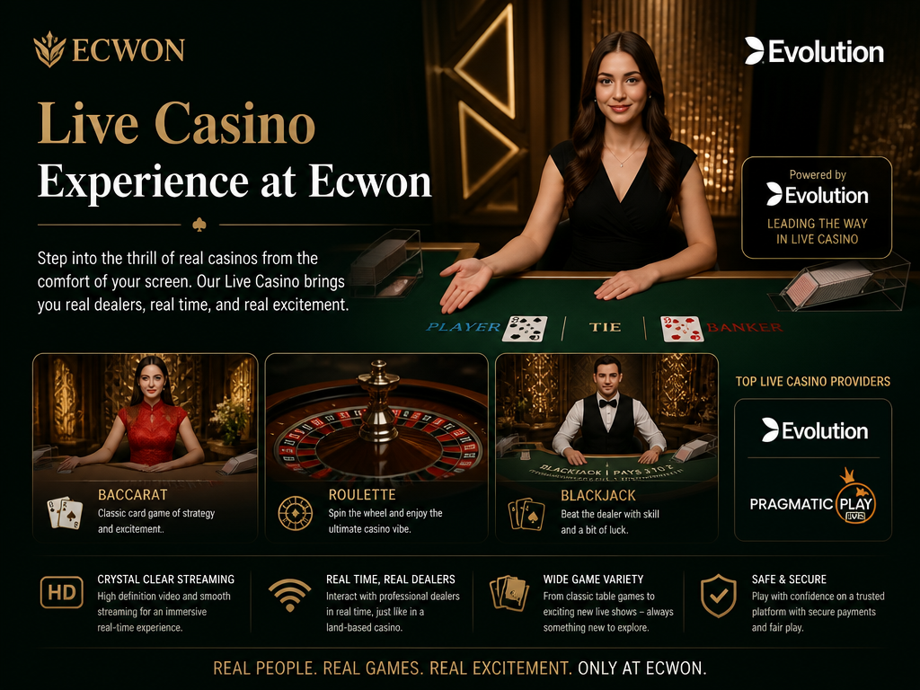 Image illustrating the online casino game or provider "Evolution", for an article section titled "Live Casino Experience at Ecwon": Describe live dealer games (baccarat, roulette, blackjack). Mention providers like Evolution or Pragmatic Play Live. Highlight streaming quality and game variety.