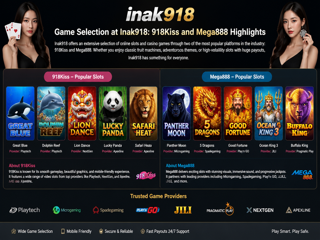Photo-realistic image illustrating the topic of the article section "Game Selection at Inak918: 918Kiss and Mega888 Highlights" (about the online casino brand "inak918"): Detail game selection beyond names: list popular slots from 918Kiss (e.g., Great Blue, Dolphin Reef) and Mega888 (e.g., Panther Moon, 5 Dragons). Mention game providers. Cover gap: game selection details.