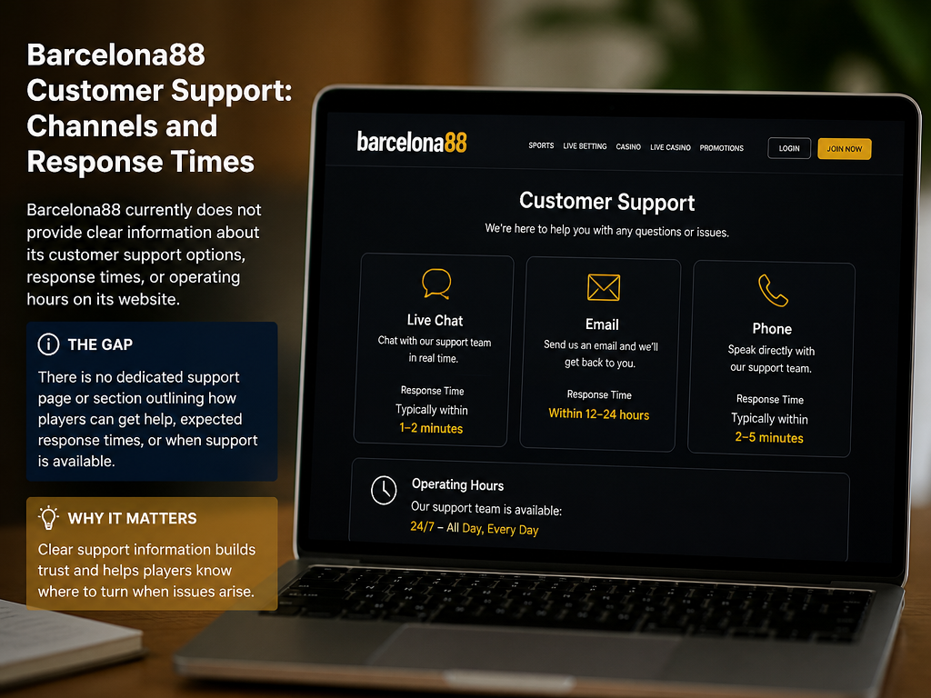 Photo-realistic image illustrating the topic of the article section "Barcelona88 Customer Support: Channels and Response Times" (about the online casino brand "barcelona88"): List customer support channels (live chat, email, phone). Mention response times and operating hours. Address the gap of no support information.