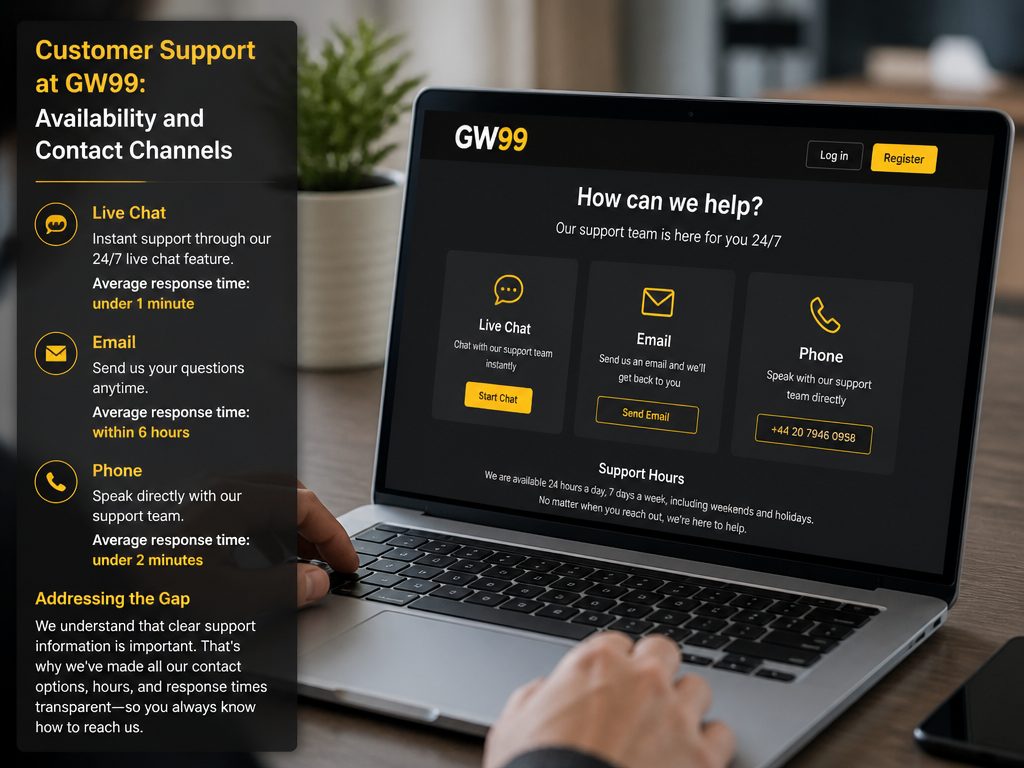 Photo-realistic image illustrating the topic of the article section "Customer Support at GW99: Availability and Contact Channels" (about the online casino brand "gw99"): List contact methods: live chat, email, phone. Mention operating hours and responsiveness. Address gap of missing support details.