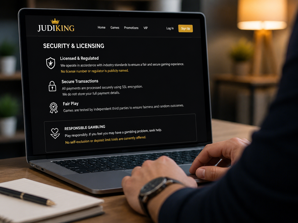 Photo-realistic image illustrating the topic of the article section "Security and Licensing: Is Judiking Safe?" (about the online casino brand "judiking"): Examine licensing claims (mention that no license number or regulator is publicly named). Discuss responsible gambling tools (self-exclusion, deposit limits) – a gap. Evaluate overall safety measures.